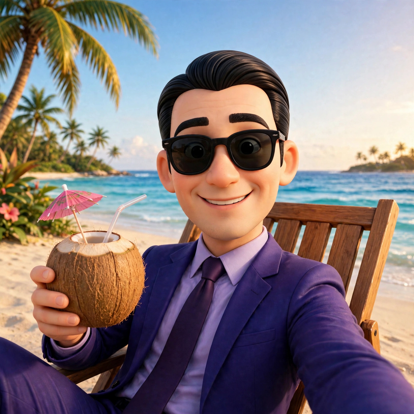 Reeves on a tropical beach in his purple suit, holding a coconut drink