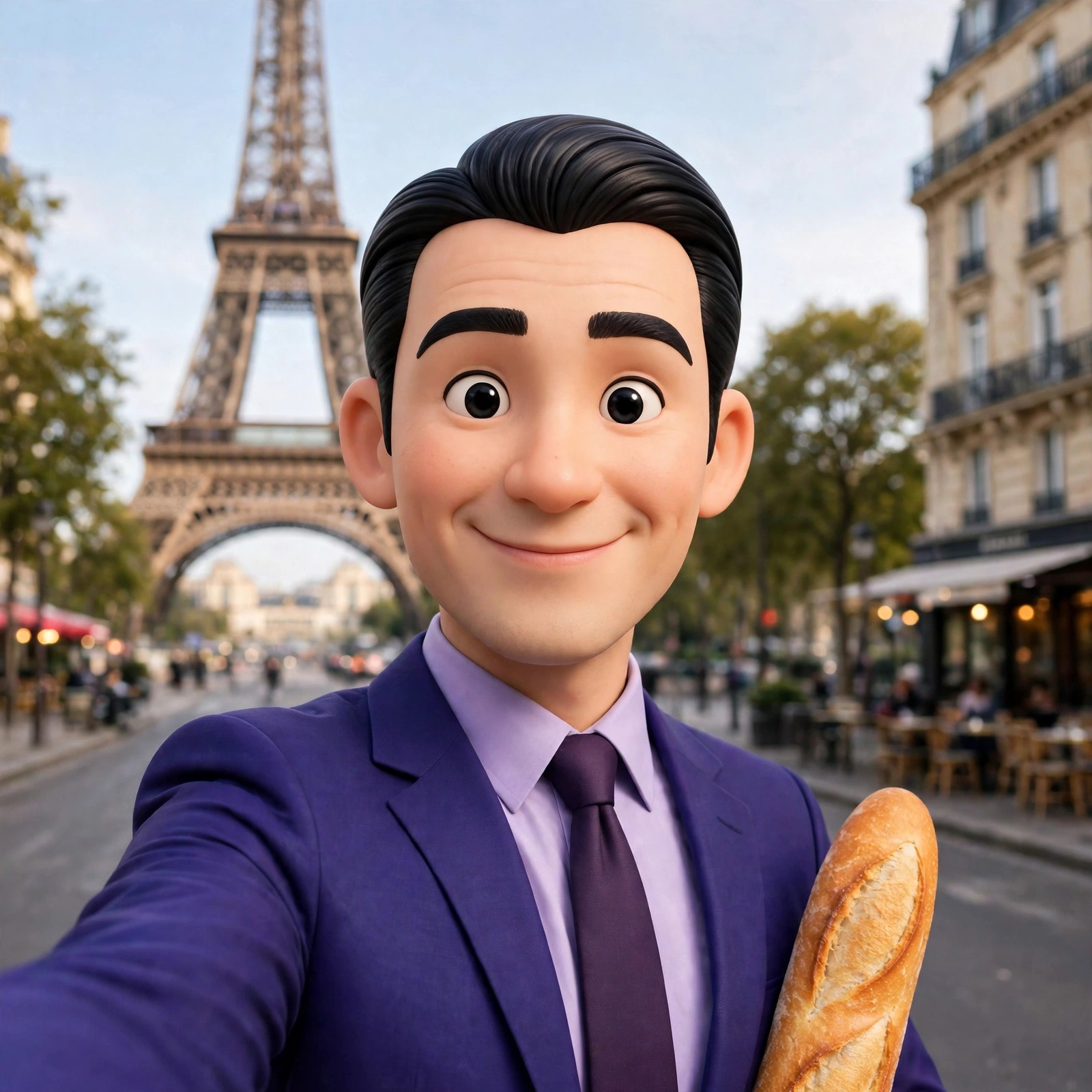 Reeves taking a selfie in Paris with a baguette