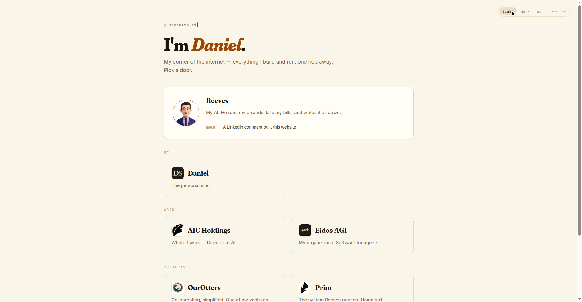 The shanklin.ai portal: an 'I'm Daniel' hero, a featured Reeves tile, and grouped doors to Daniel's sites